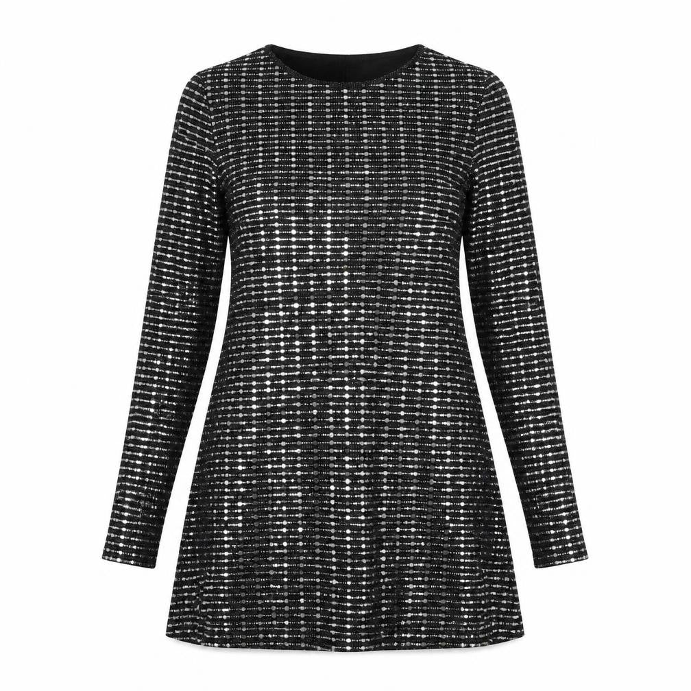 Front view of Blue Vanilla women’s black nylon a-line, size S, round neck pullover - sequins