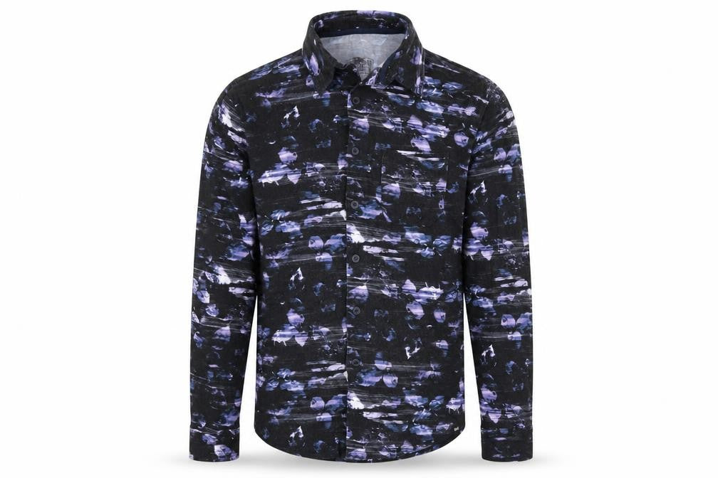 Front view of BAM men’s black geometric viscose button-up, size M, collared button