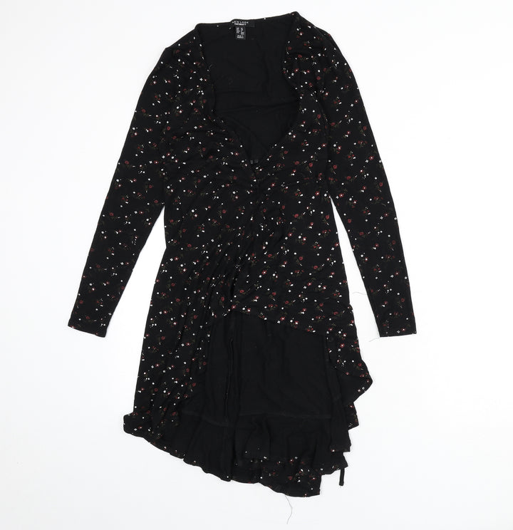 New Look Womens Black Floral Viscose Wrap T-Shirt Size 10 V-Neck