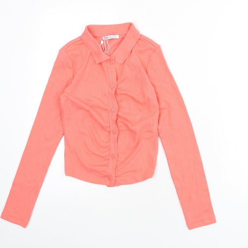 Zara Womens Pink Cotton Cropped Button-Up Size S Collared - Ribbed