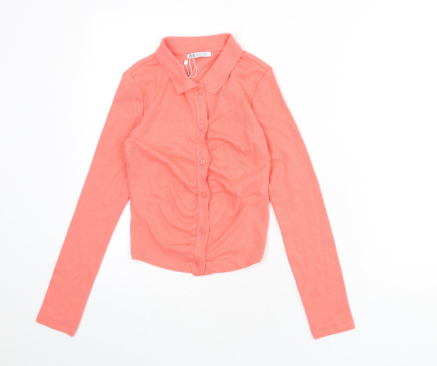 Zara Womens Pink Cotton Cropped Button-Up Size S Collared - Ribbed
