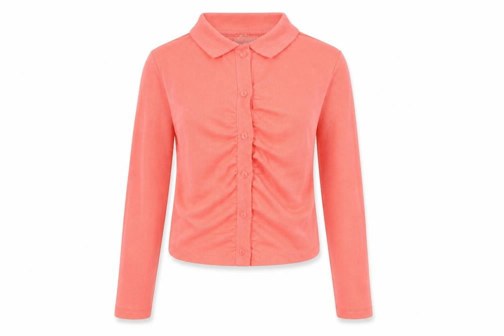 Front view of Zara women’s pink cotton cropped button-up, size S, collared - ribbed
