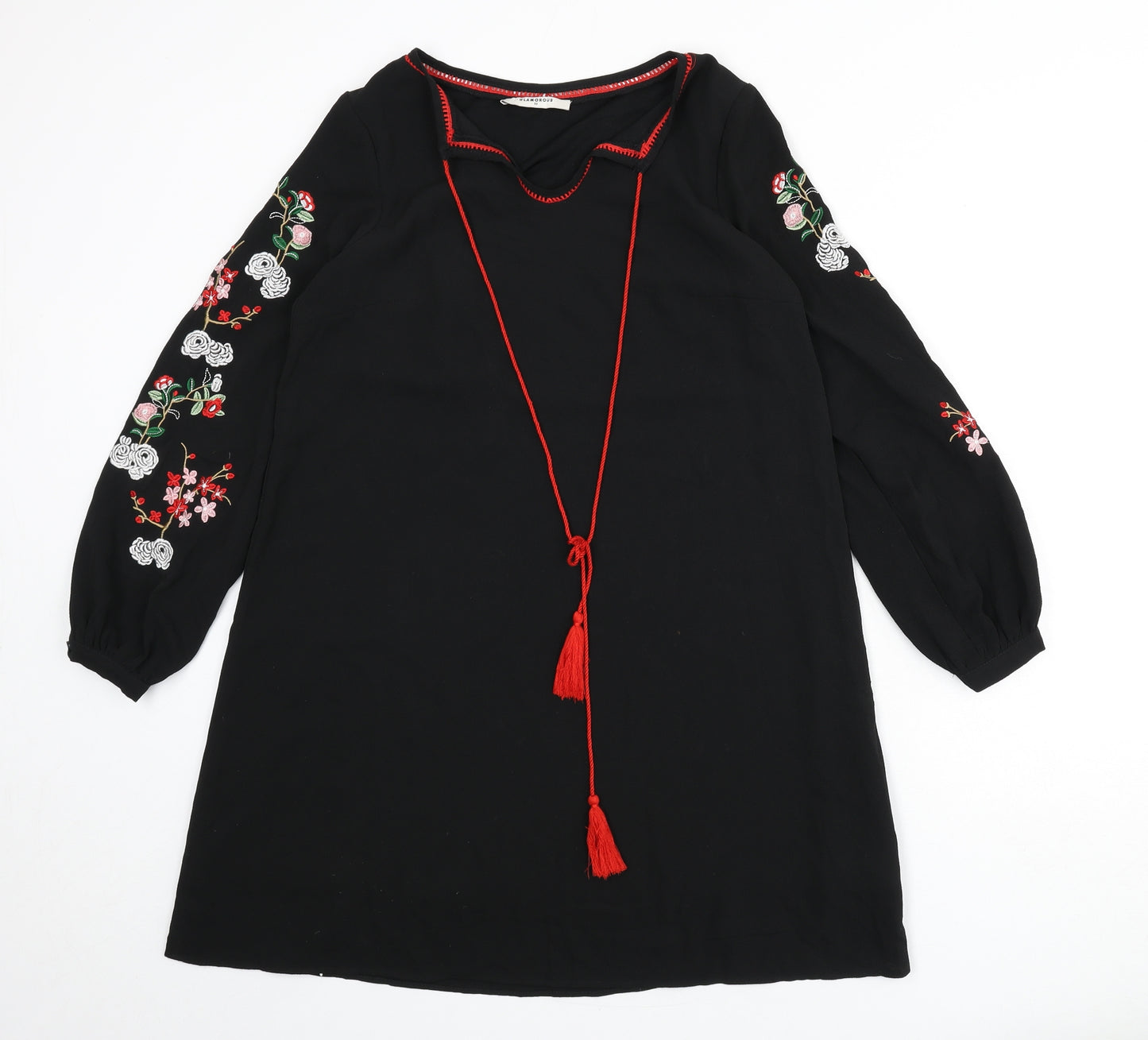 Glamorous Womens Black Polyester Sheath Size XS Round Neck Tie - Floral Embroidery