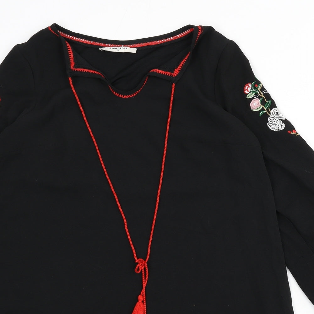 Glamorous Womens Black Polyester Sheath Size XS Round Neck Tie - Floral Embroidery