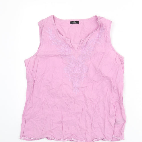M&Co Womens Purple Cotton Basic Tank Size 14 V-Neck - Embroidered Detail