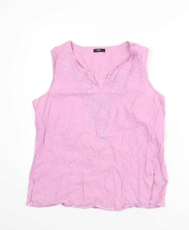 M&Co Womens Purple Cotton Basic Tank Size 14 V-Neck - Embroidered Detail
