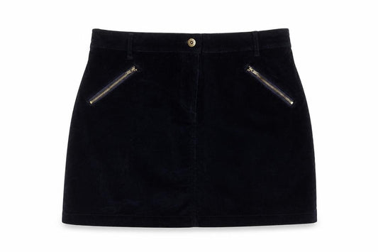Front view of Next women’s blue cotton a-line skirt, size UK 14, zip - zip pockets