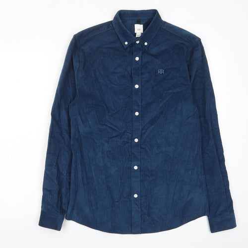 River Island Mens Blue Cotton Button-Up Size S Collared Button - Logo, Embroided