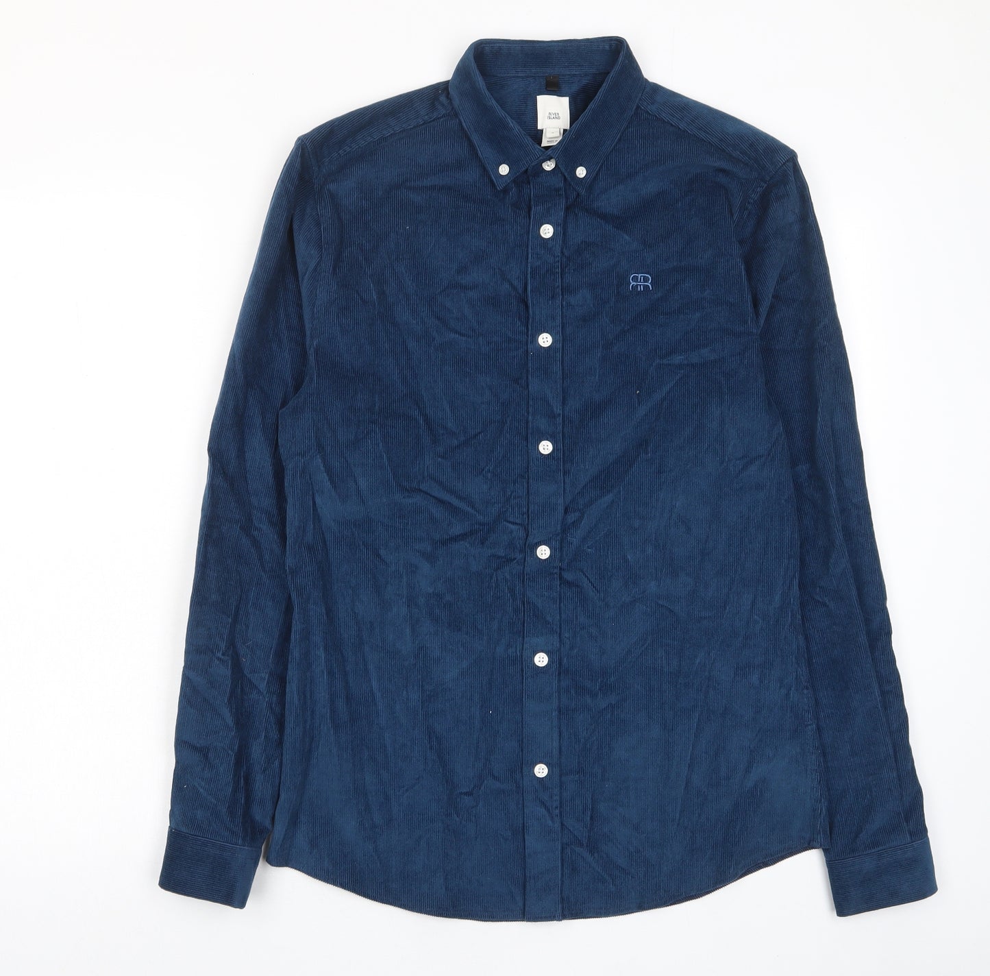 River Island Mens Blue Cotton Button-Up Size S Collared Button - Logo, Embroided