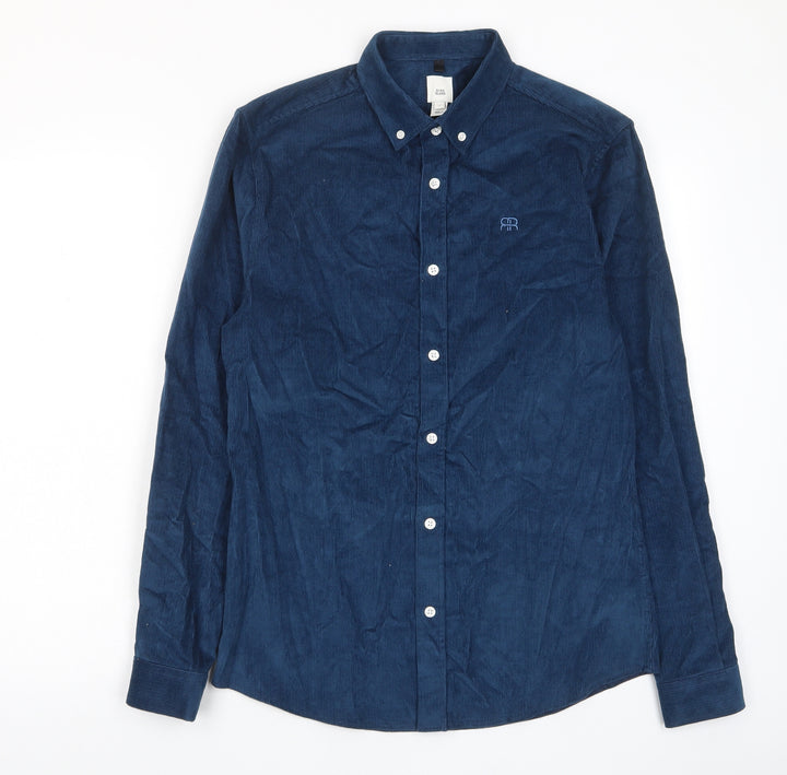 River Island Mens Blue Cotton Button-Up Size S Collared Button - Logo, Embroided