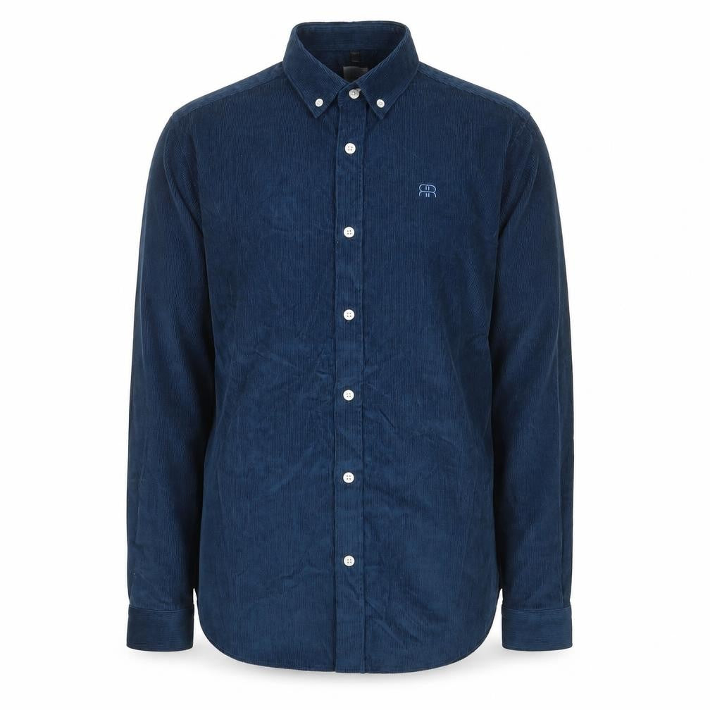 Front view of River Island men’s blue cotton button-up, size S, collared button - logo, embroided