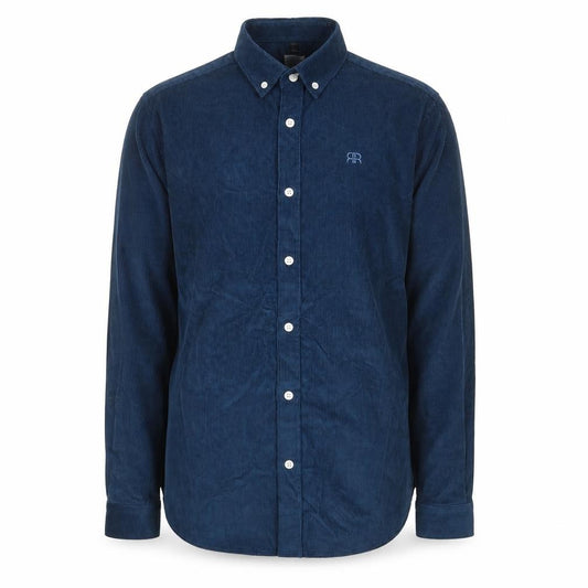 Front view of River Island men’s blue cotton button-up, size S, collared button - logo, embroided