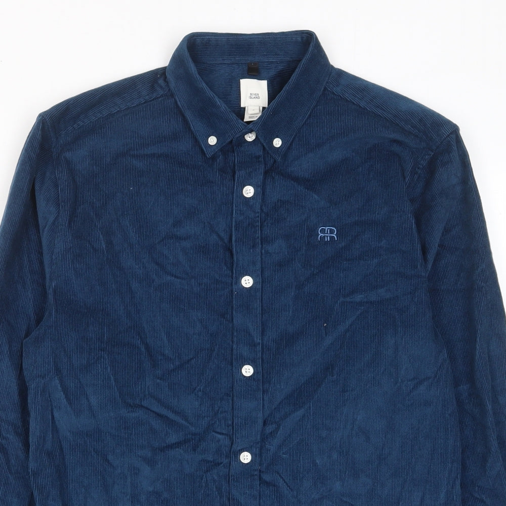 River Island Mens Blue Cotton Button-Up Size S Collared Button - Logo, Embroided