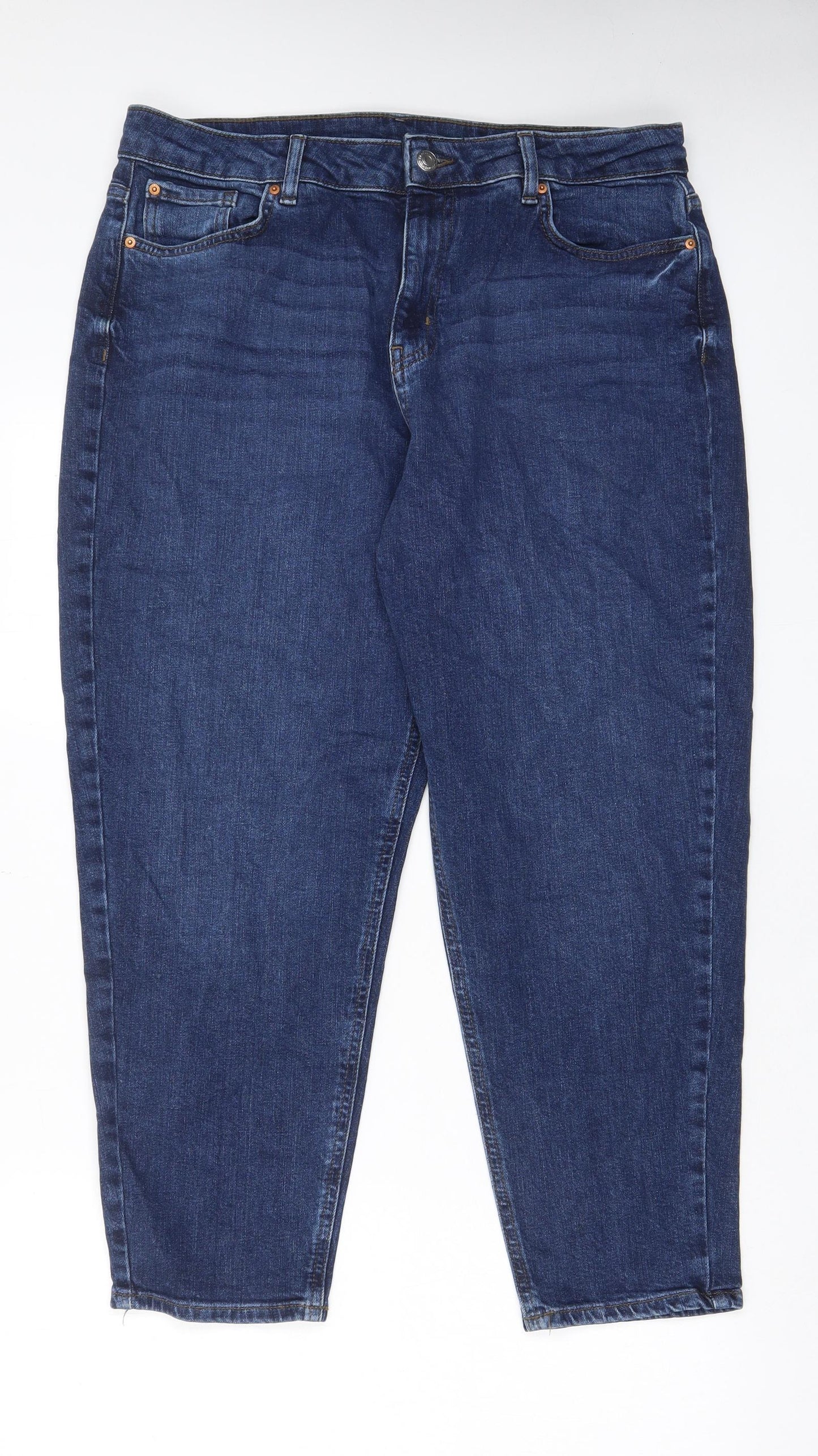 Marks and Spencer Womens Blue Cotton Mom Jeans Size 16 L26 in Regular Zip - Pockets