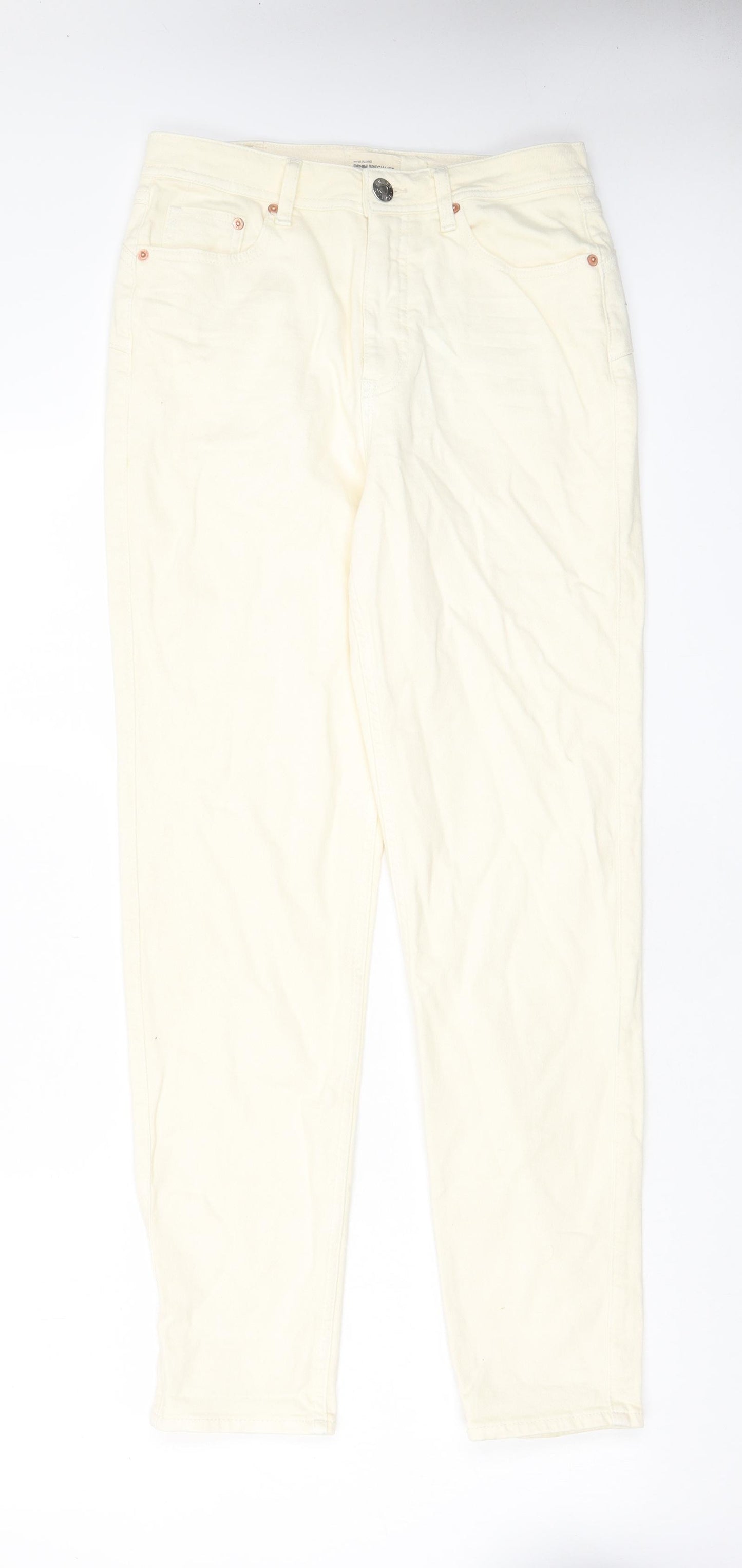 River Island Womens Ivory Cotton Mom Jeans Size 10 L30 in Regular Zip - Pockets