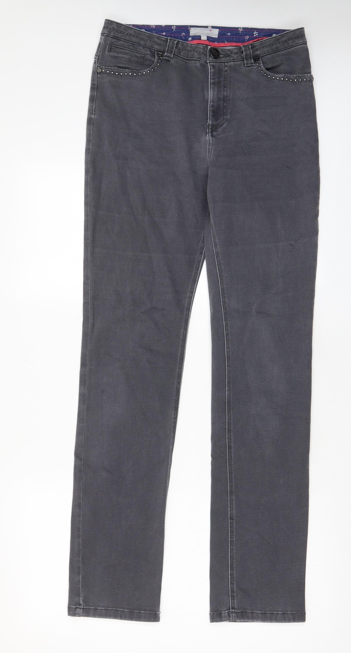 Per Una Womens Grey Cotton Straight Jeans Size 10 L33 in Regular Zip - Pockets, Studded