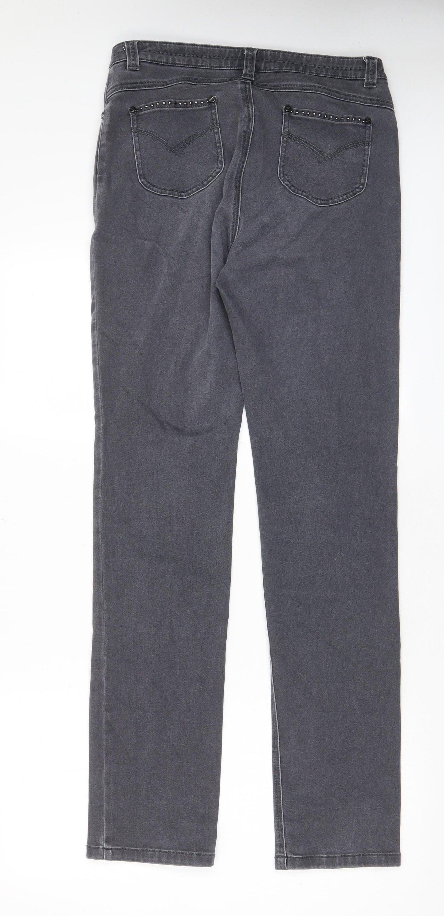 Per Una Womens Grey Cotton Straight Jeans Size 10 L33 in Regular Zip - Pockets, Studded
