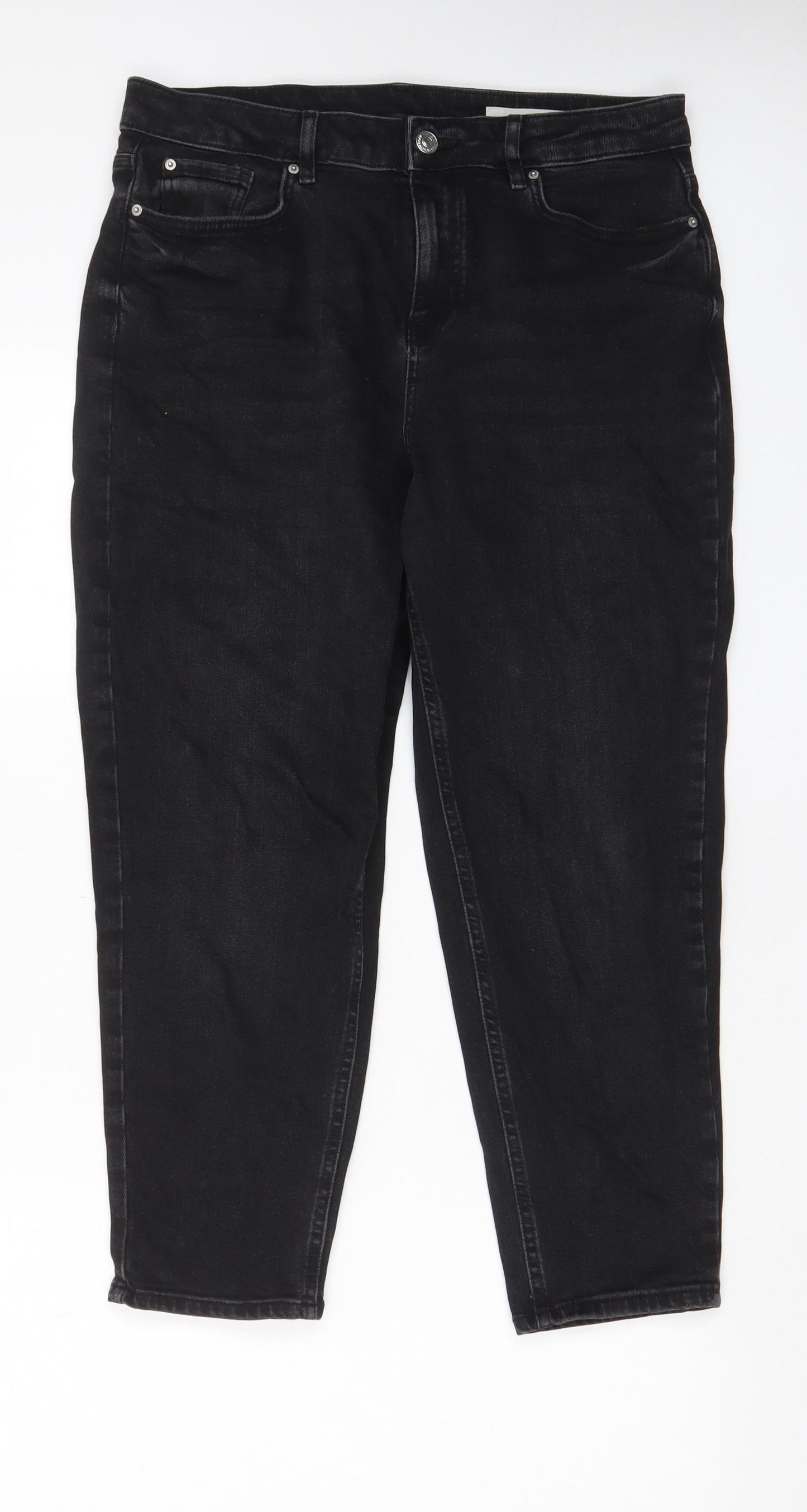 Marks and Spencer Womens Black Cotton Mom Jeans Size 14 L24 in Regular Zip - Pockets