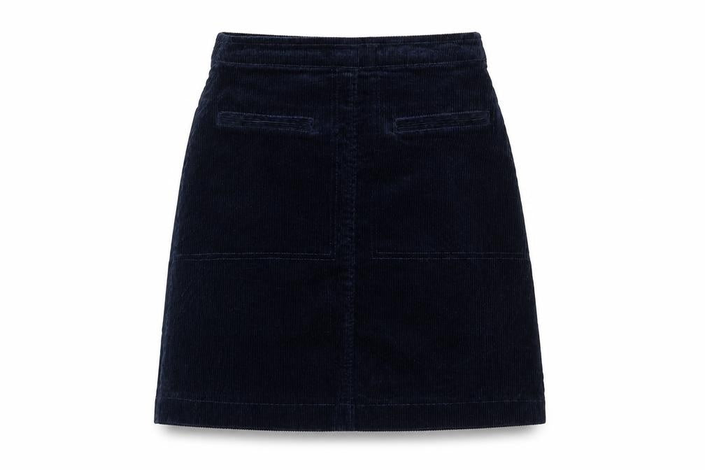 Front view of Mistral women’s blue cotton a-line skirt, size UK 8, zip