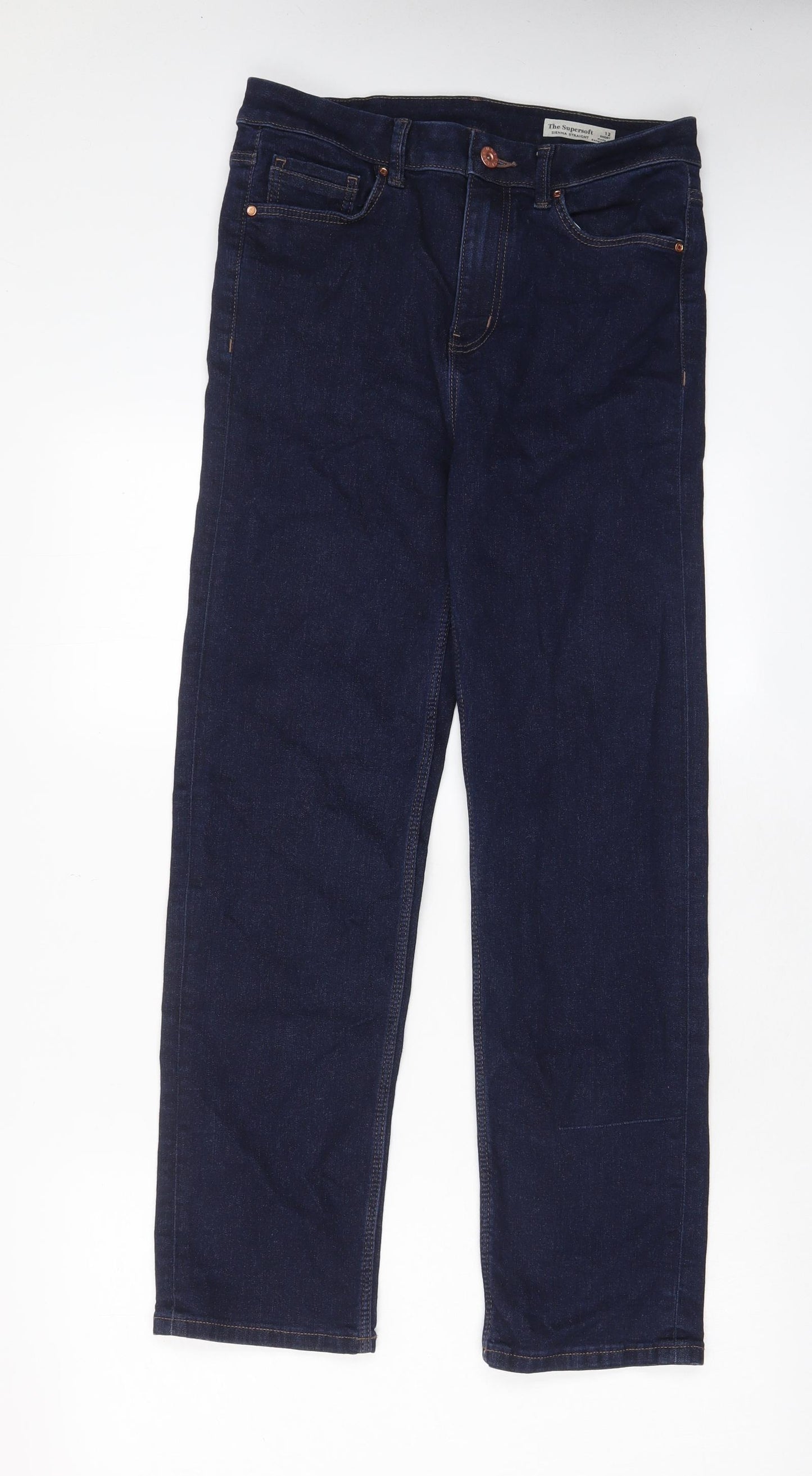 Marks and Spencer Womens Blue Cotton Straight Jeans Size 12 L28 in Regular Zip - Pockets