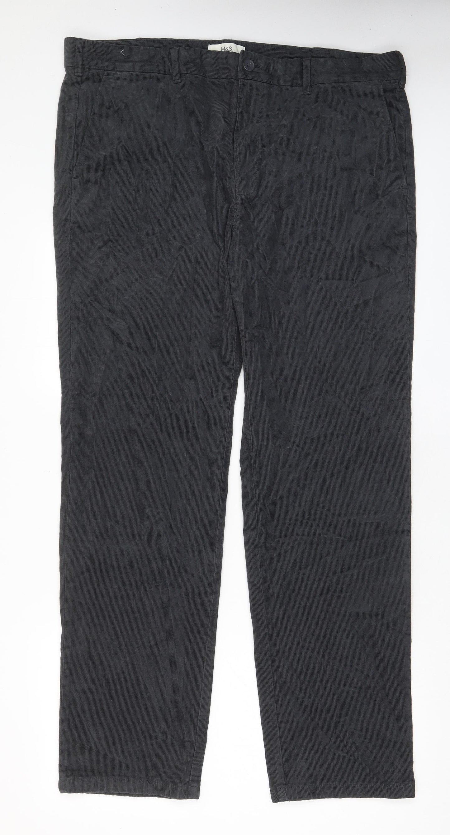 Marks and Spencer Mens Grey Cotton Trousers Size 40 in L33 in Regular Zip - Pockets