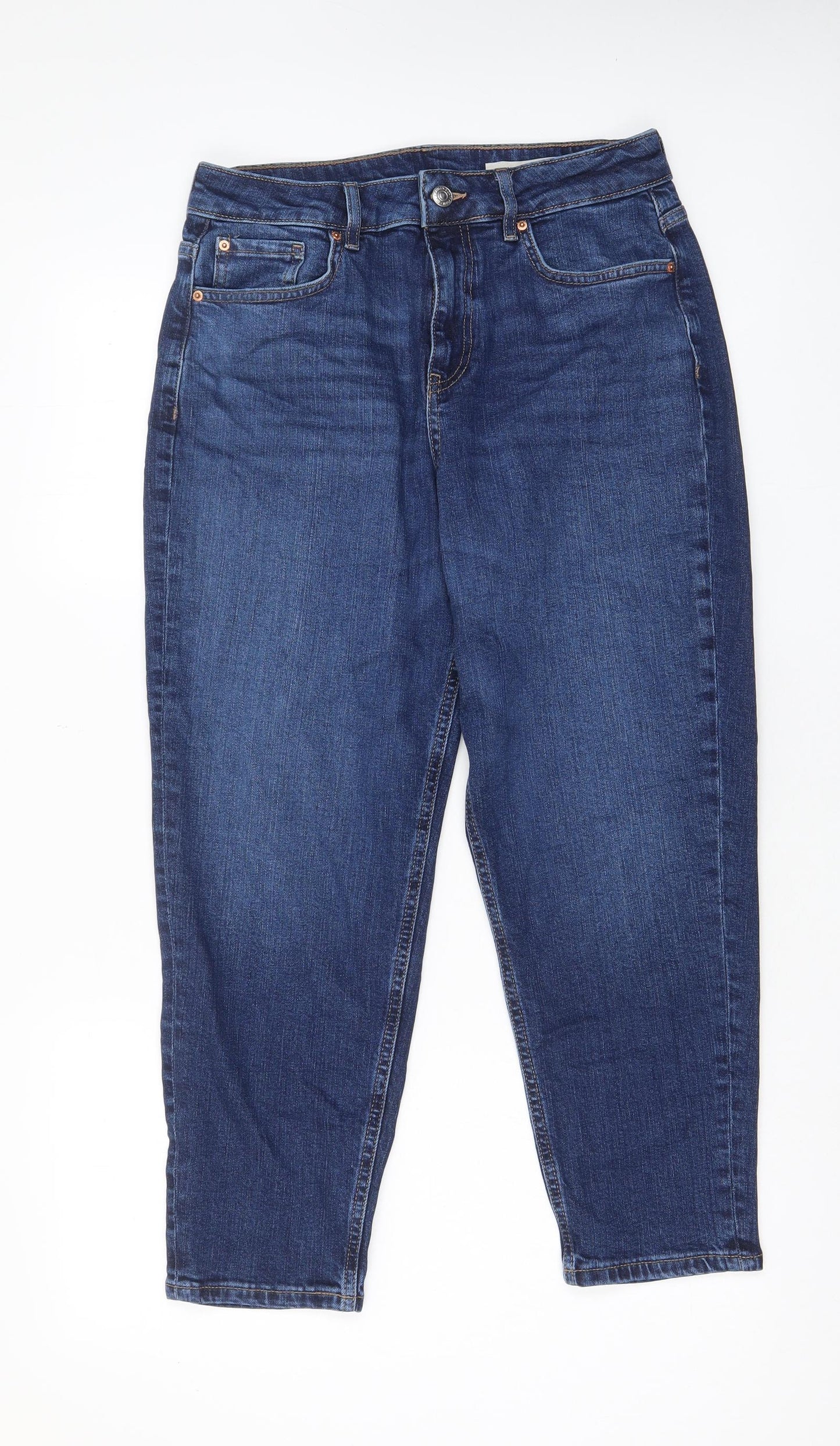Marks and Spencer Womens Blue Cotton Mom Jeans Size 12 L26.5 in Regular Zip - Pockets