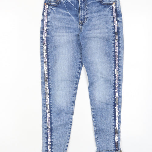 Marks and Spencer Girls Blue Cotton Skinny Jeans Size 10-11 Years L21 in Regular Zip - Pockets, Sequins