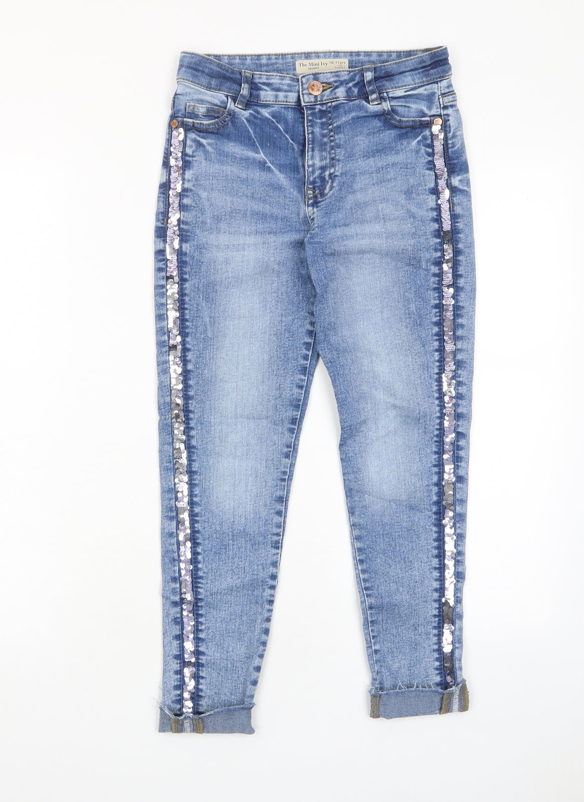 Marks and Spencer Girls Blue Cotton Skinny Jeans Size 10-11 Years L21 in Regular Zip - Pockets, Sequins