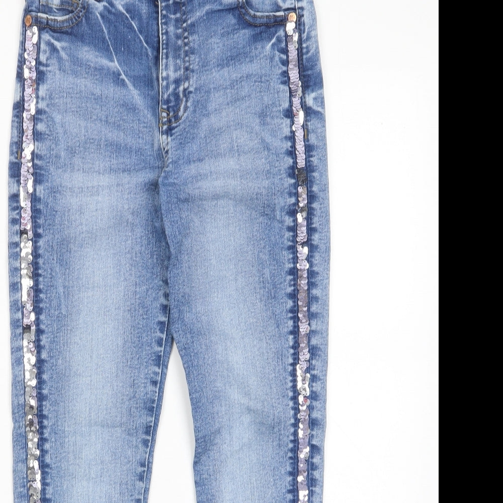 Marks and Spencer Girls Blue Cotton Skinny Jeans Size 10-11 Years L21 in Regular Zip - Pockets, Sequins