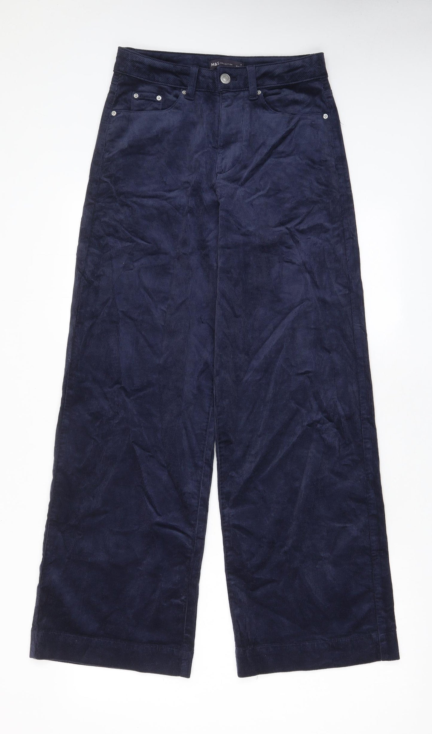Marks and Spencer Womens Blue Cotton Trousers Size 8 L29 in Regular Zip - Pockets