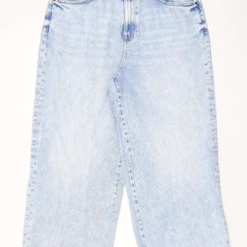 Marks and Spencer Womens Blue Cotton Wide-Leg Jeans Size 14 L24 in Regular Zip - Pockets