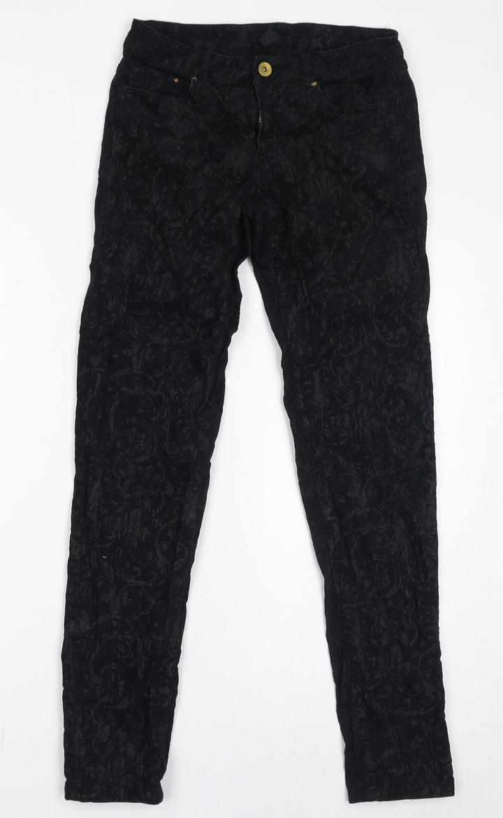 H&M Womens Black Paisley Cotton Trousers Size 8 L31 in Regular Zip