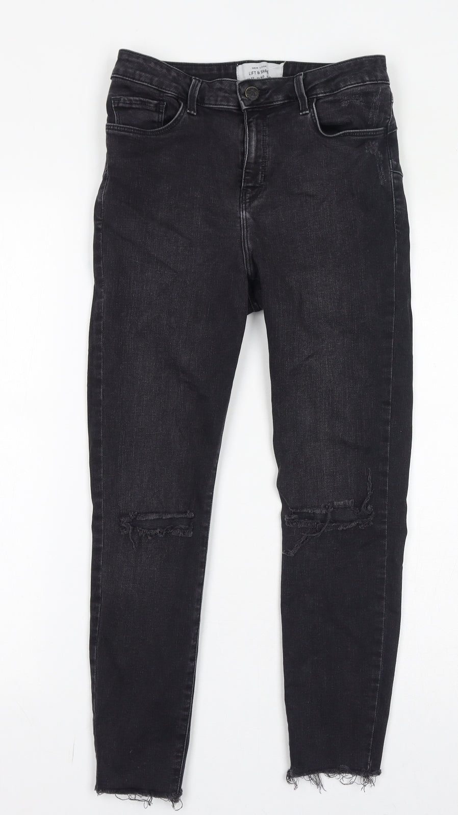 New Look Womens Black Cotton Skinny Jeans Size 12 L24 in Regular Zip - Distressed Hem, Cropped