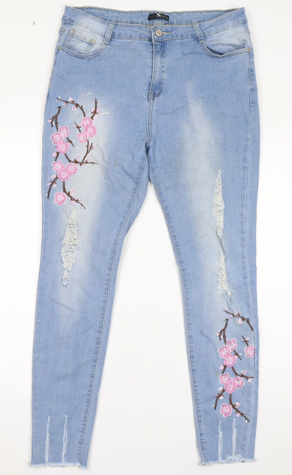 Quiz Womens Blue Cotton Skinny Jeans Size 18 L28 in Regular Zip - Floral Embroidery, Distressed Hem