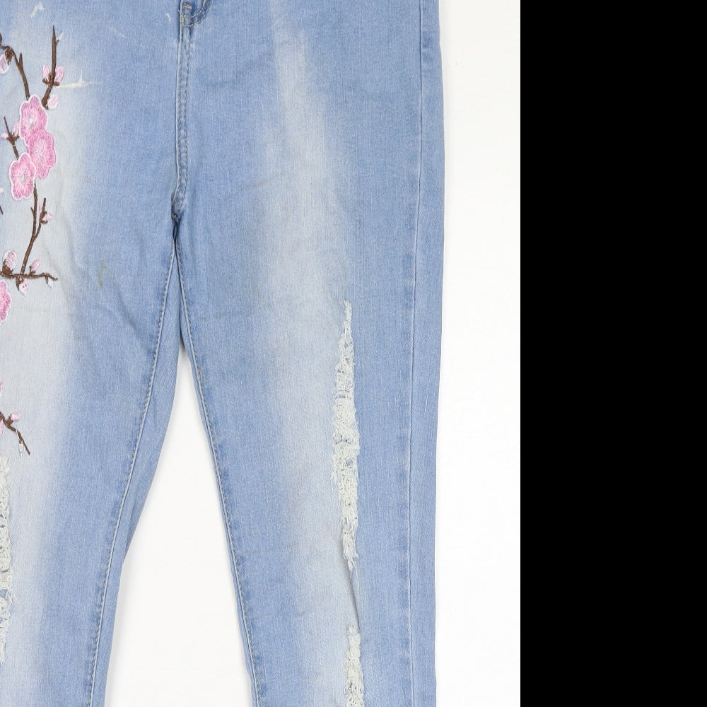 Quiz Womens Blue Cotton Skinny Jeans Size 18 L28 in Regular Zip - Floral Embroidery, Distressed Hem