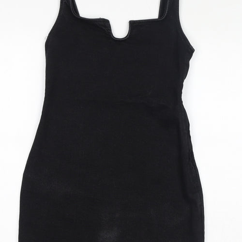 Zara Womens Black Cotton Pencil Dress Size S V-Neck Zip