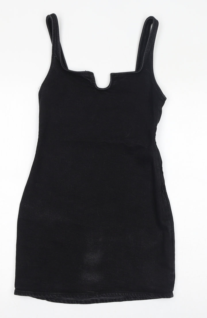 Zara Womens Black Cotton Pencil Dress Size S V-Neck Zip