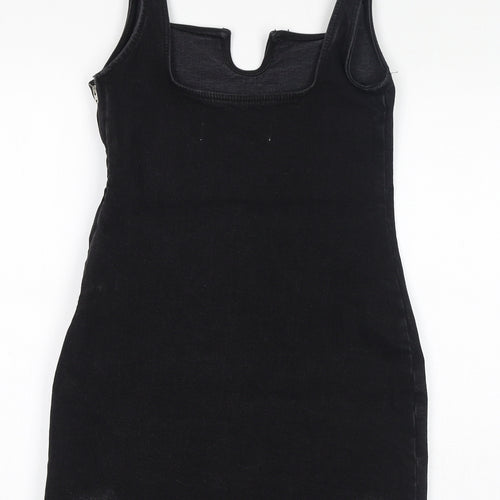 Zara Womens Black Cotton Pencil Dress Size S V-Neck Zip