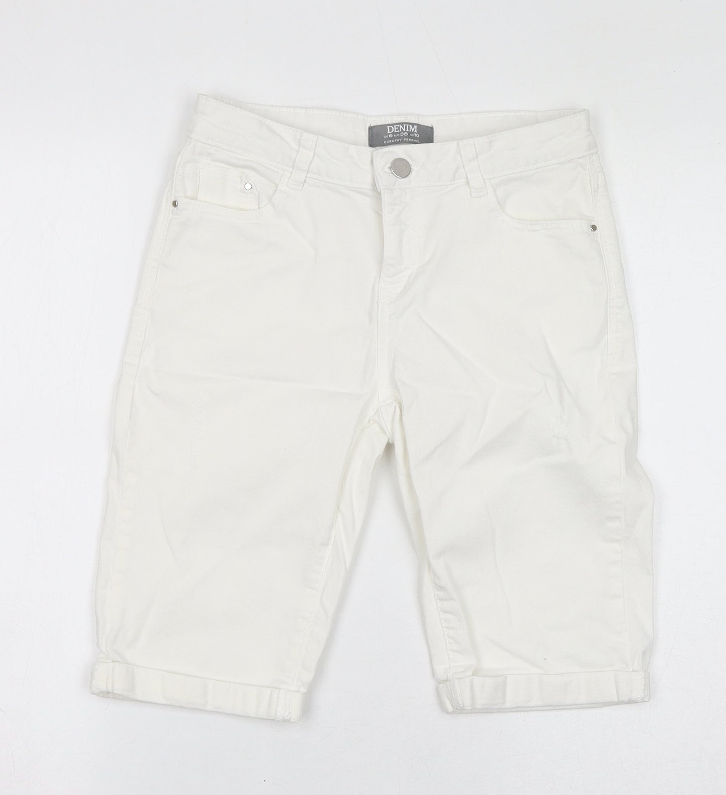 Dorothy Perkins Womens White Cotton Bermuda Shorts Size 10 L11 in Regular Zip - Distressed