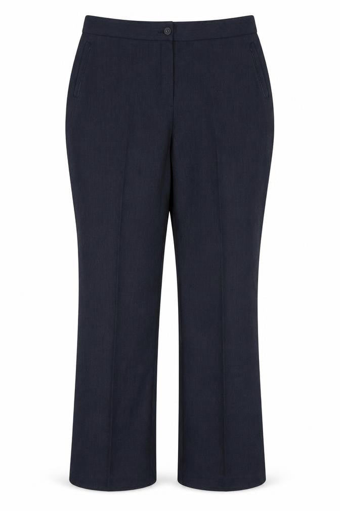 Front view of Classics women’s blue polyester trousers, size UK 18, 30-inch leg regular zip