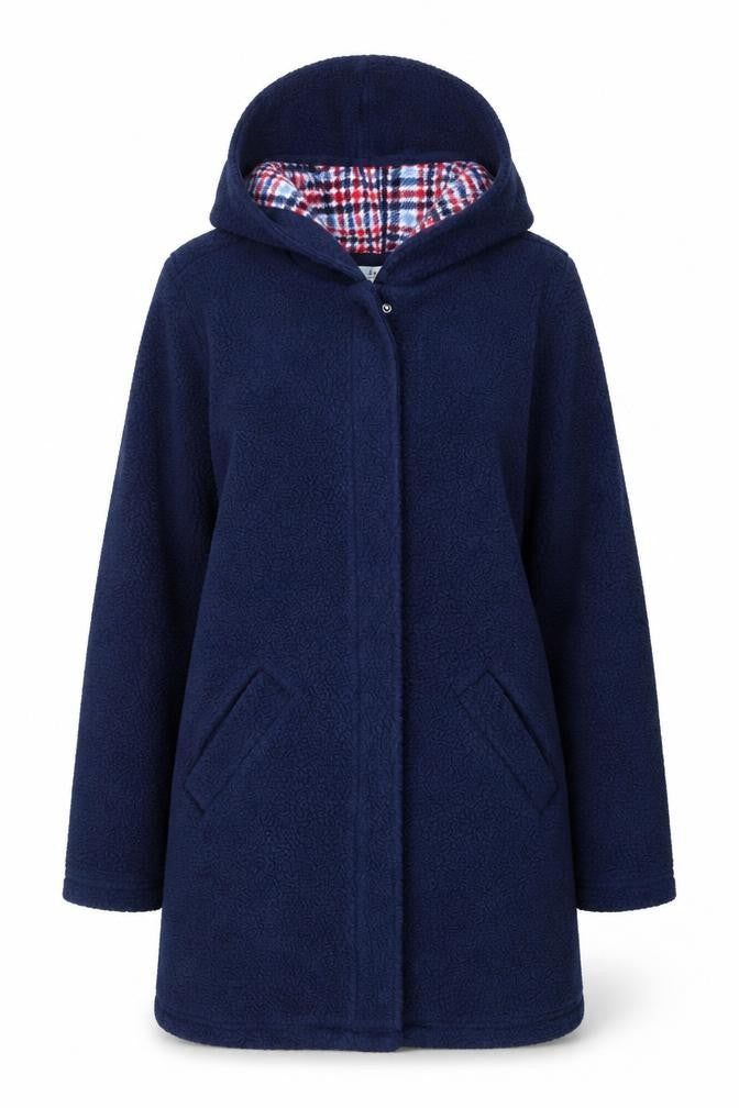 Front view of D&Co. women’s blue overcoat coat, size XS, zip - hooded