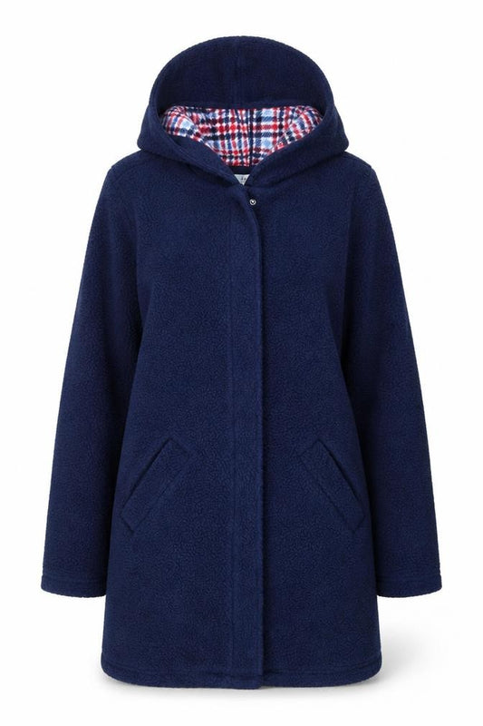 Front view of D&Co. women’s blue overcoat coat, size XS, zip - hooded