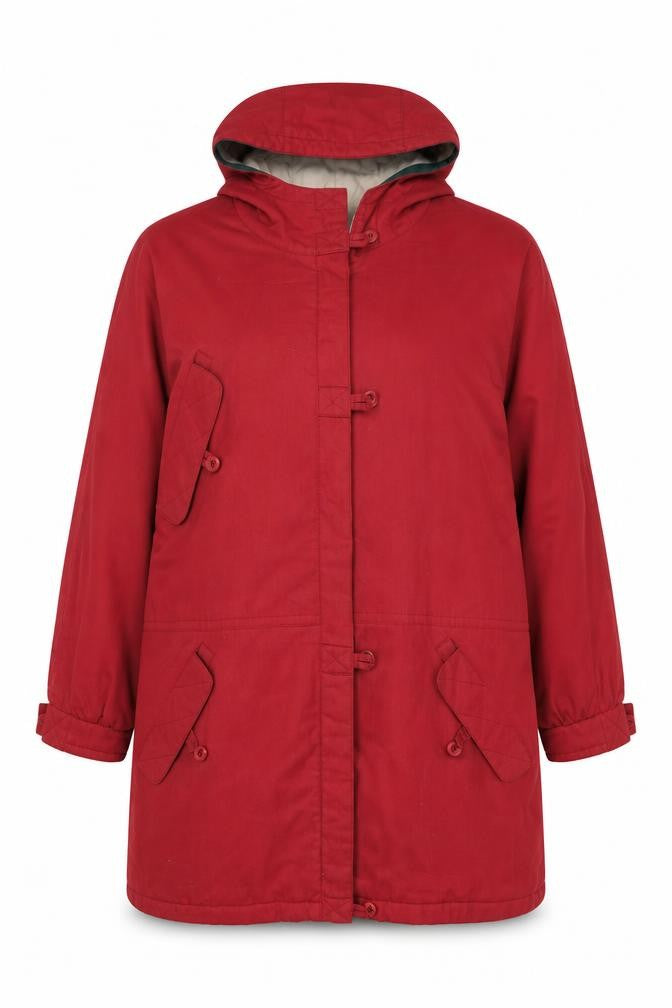 Front view of Telemac women’s red rain coat coat, size UK 14, zip