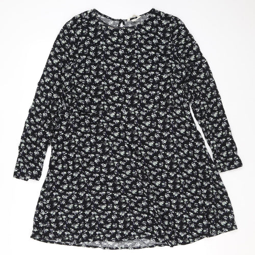 H&M Womens Black Floral Viscose A-Line Size 10 Round Neck Button
