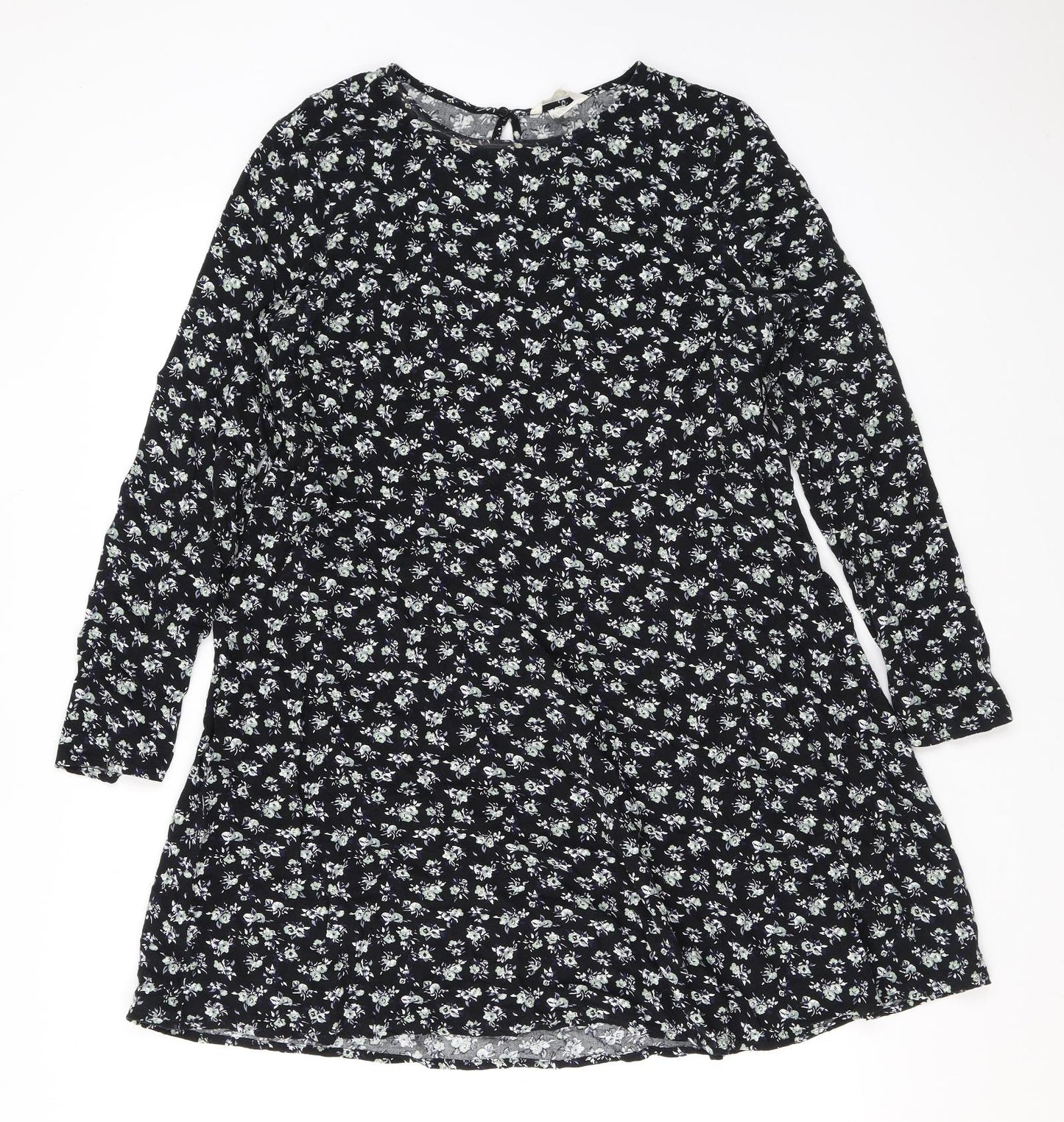 H&M Womens Black Floral Viscose A-Line Size 10 Round Neck Button