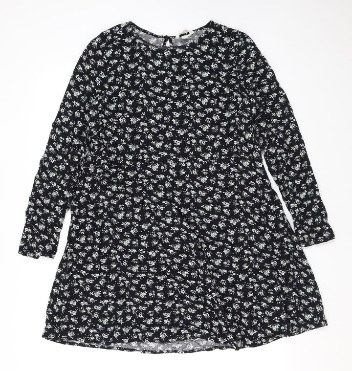 H&M Womens Black Floral Viscose A-Line Size 10 Round Neck Button