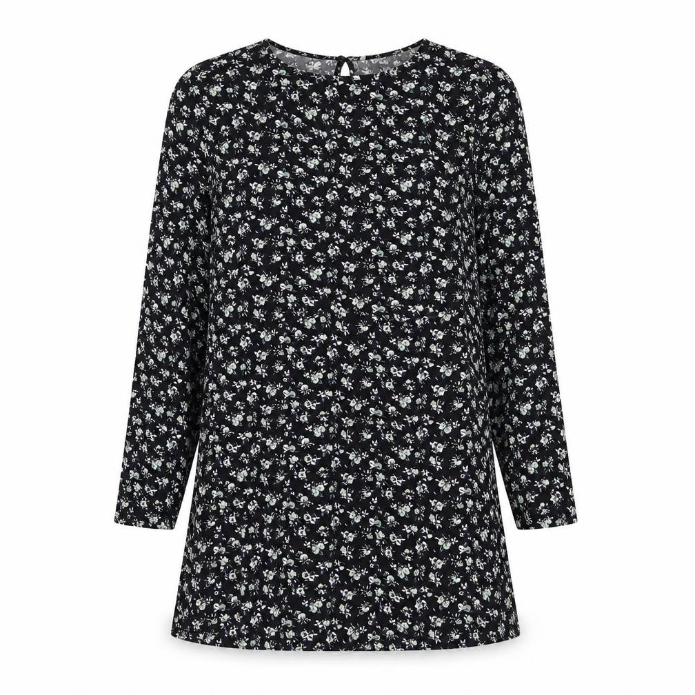 Front view of H&M women’s black floral viscose a-line, size UK 10, round neck button
