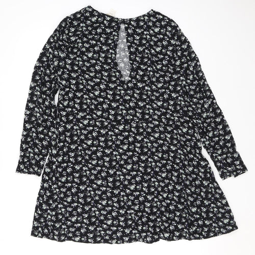 H&M Womens Black Floral Viscose A-Line Size 10 Round Neck Button