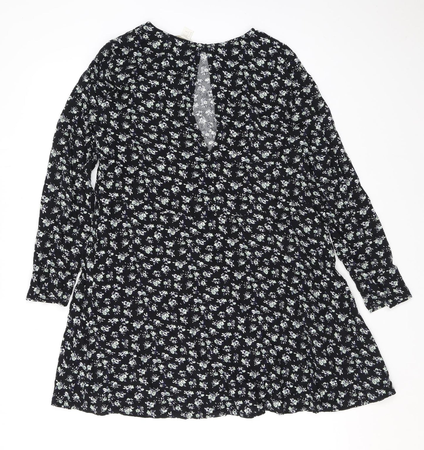 H&M Womens Black Floral Viscose A-Line Size 10 Round Neck Button