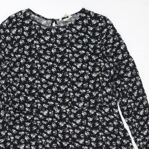 H&M Womens Black Floral Viscose A-Line Size 10 Round Neck Button